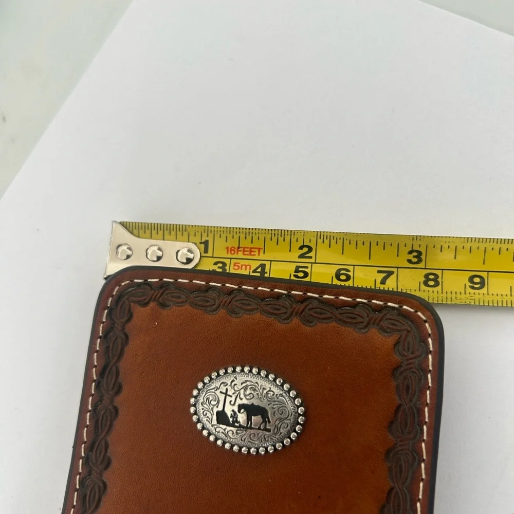 Nocona Brown Leather Slim fold with Money Clip Wallet and Praying Cowboy Emblem